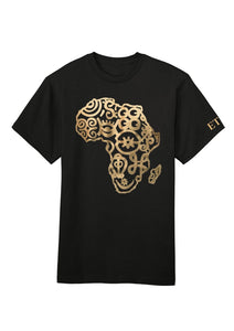 Black t-shirt with gold Africa map design on a white background