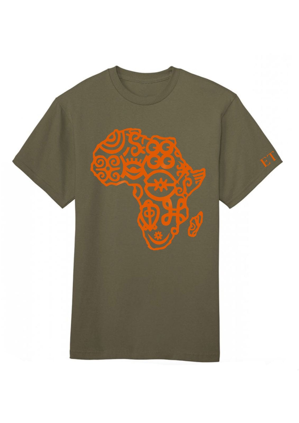 Green t-shirt with orange Africa map design on a white background