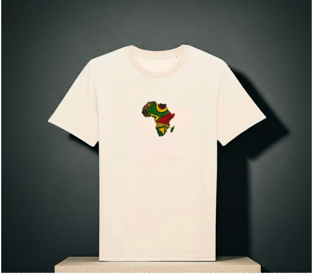White t-shirt with a colorful graphic design on a dark gray background