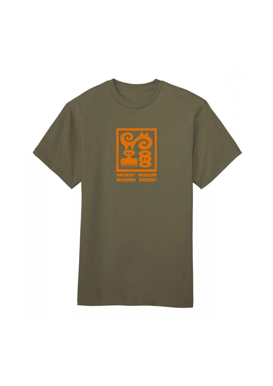 Green t-shirt with orange graphic design on a white background