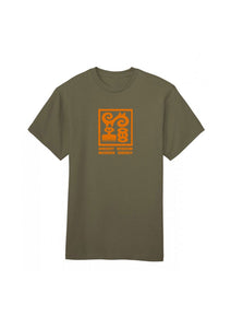 Green t-shirt with orange graphic design on a white background