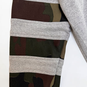 Close-up of a jacket with camouflage pattern and gray sleeves on a white background