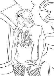 Line art of a person wearing a t-shirt with a design, sitting in a car.
