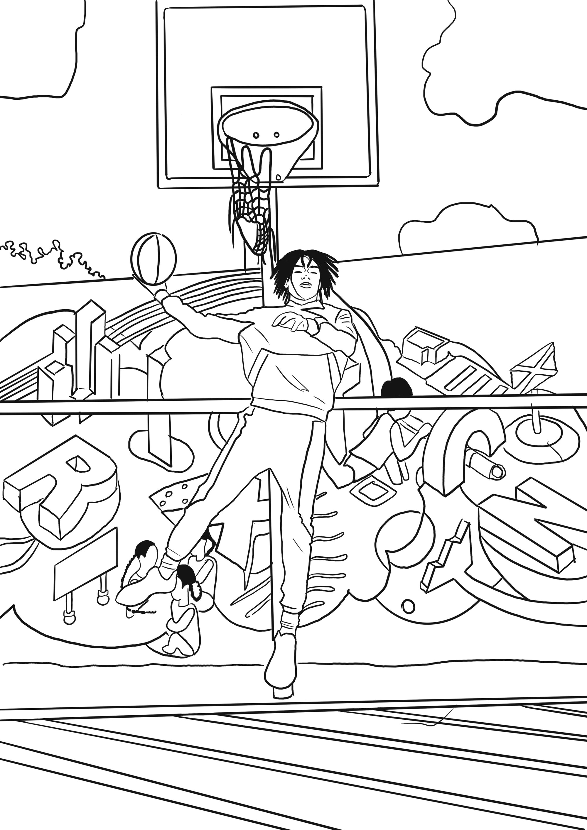Coloring page of a basketball player in action with a cityscape background