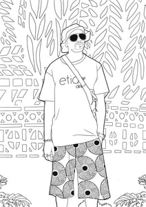 Person wearing sunglasses and a patterned skirt with a 'etiquette' shirt against a decorative background.