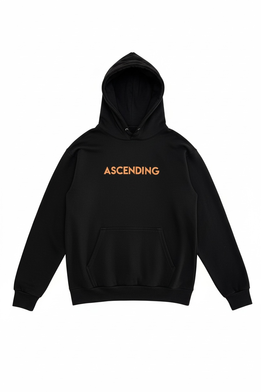 Black hoodie with 'Ascending' text in orange on a white background