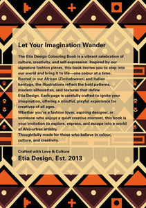 Cover of Etia Design colouring book with geometric patterns and text.