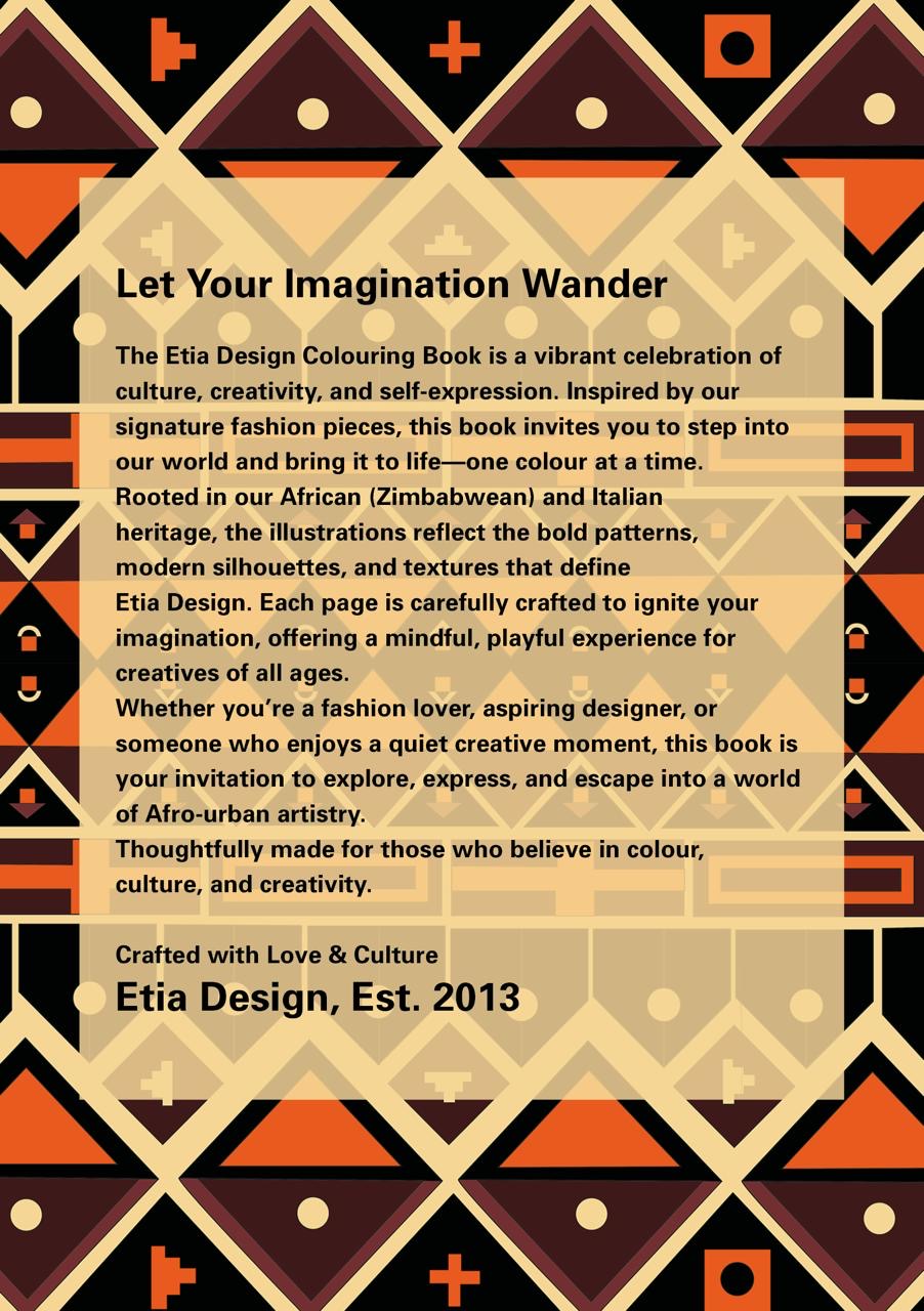 Cover of Etia Design colouring book with geometric patterns and text.