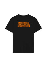 Black t-shirt with orange text on a orange background