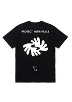 Black t-shirt with white text and design on a white background