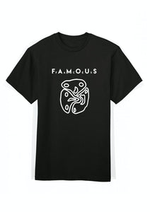 A black cotton crew neck t-shirt with the text 'F.A.M.O.U.S' printed on the front.