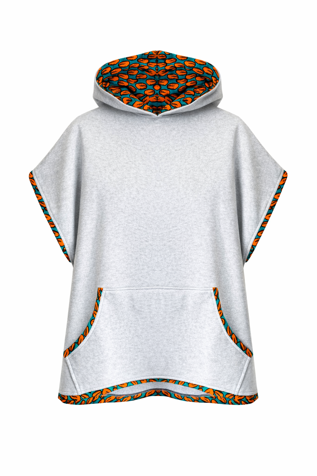 Light gray poncho with colorful geometric pattern on hood and trim on a white background