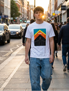 Person wearing a white t-shirt with a colorful graphic on a city street.