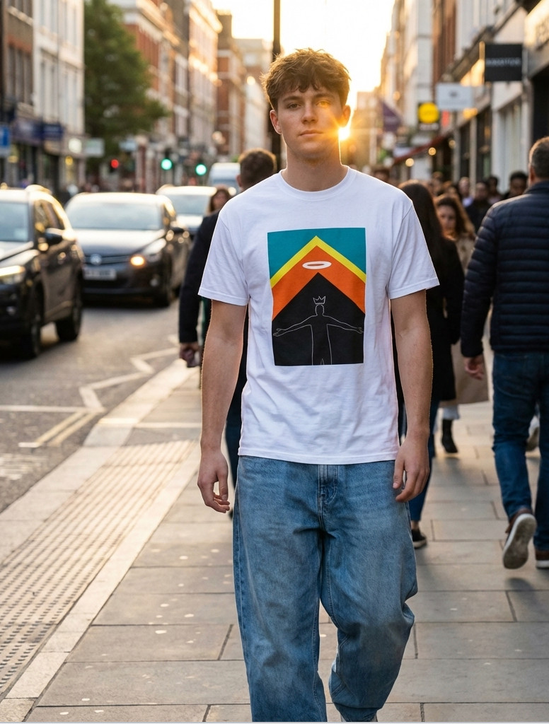 Person wearing a white t-shirt with a colorful graphic on a city street.