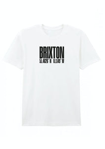 A white BrixtonCodes cotton T-shirt with the brand name printed in black text on the front.