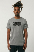 Man wearing a gray t-shirt with 'Camberwell' text on a white background