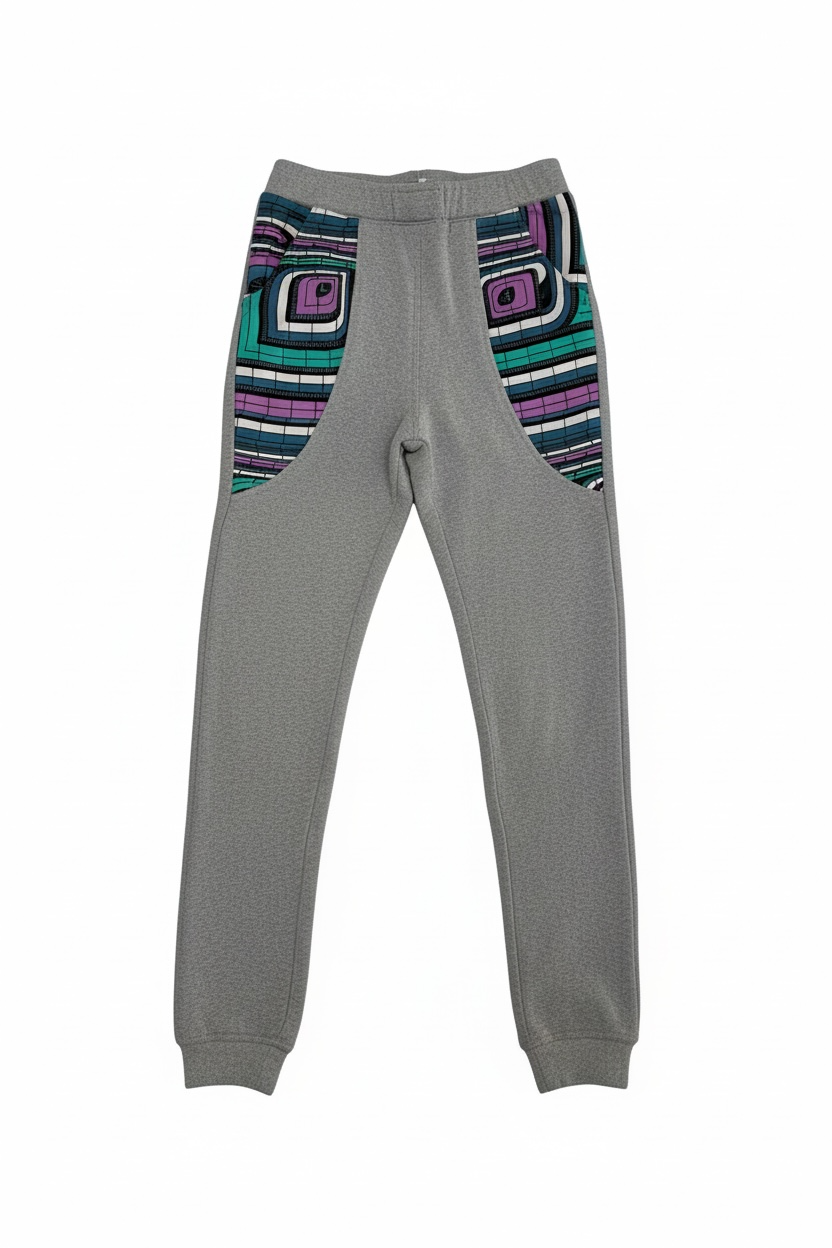 Gray sweatpants with colorful geometric patterns on a white background