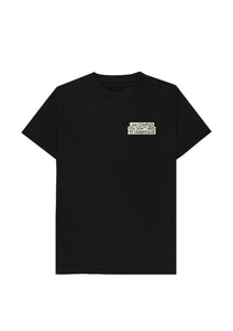 Black t-shirt with a small white label on a white background