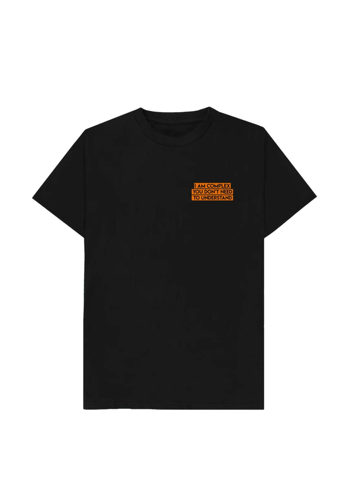 Black t-shirt with a small orange logo on a black background