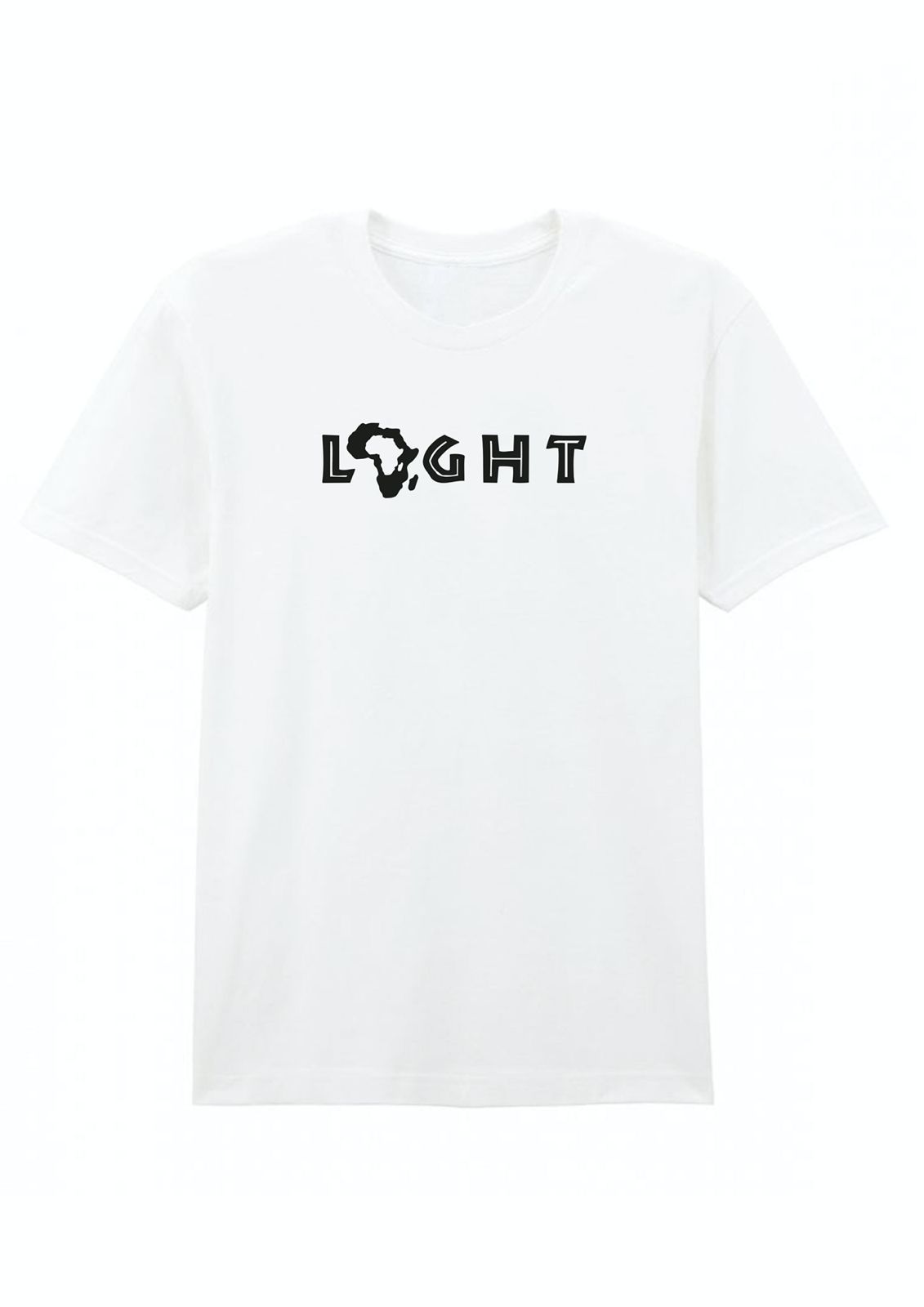 White t-shirt with 'LIGHT' text and graphic on a white background