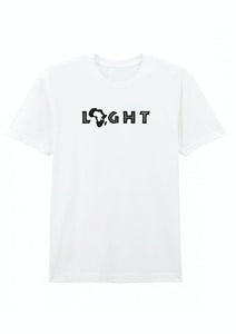 White t-shirt with 'LIGHT' text and graphic on a white background