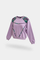 Purple sweatshirt with colorful abstract patterns on a white background