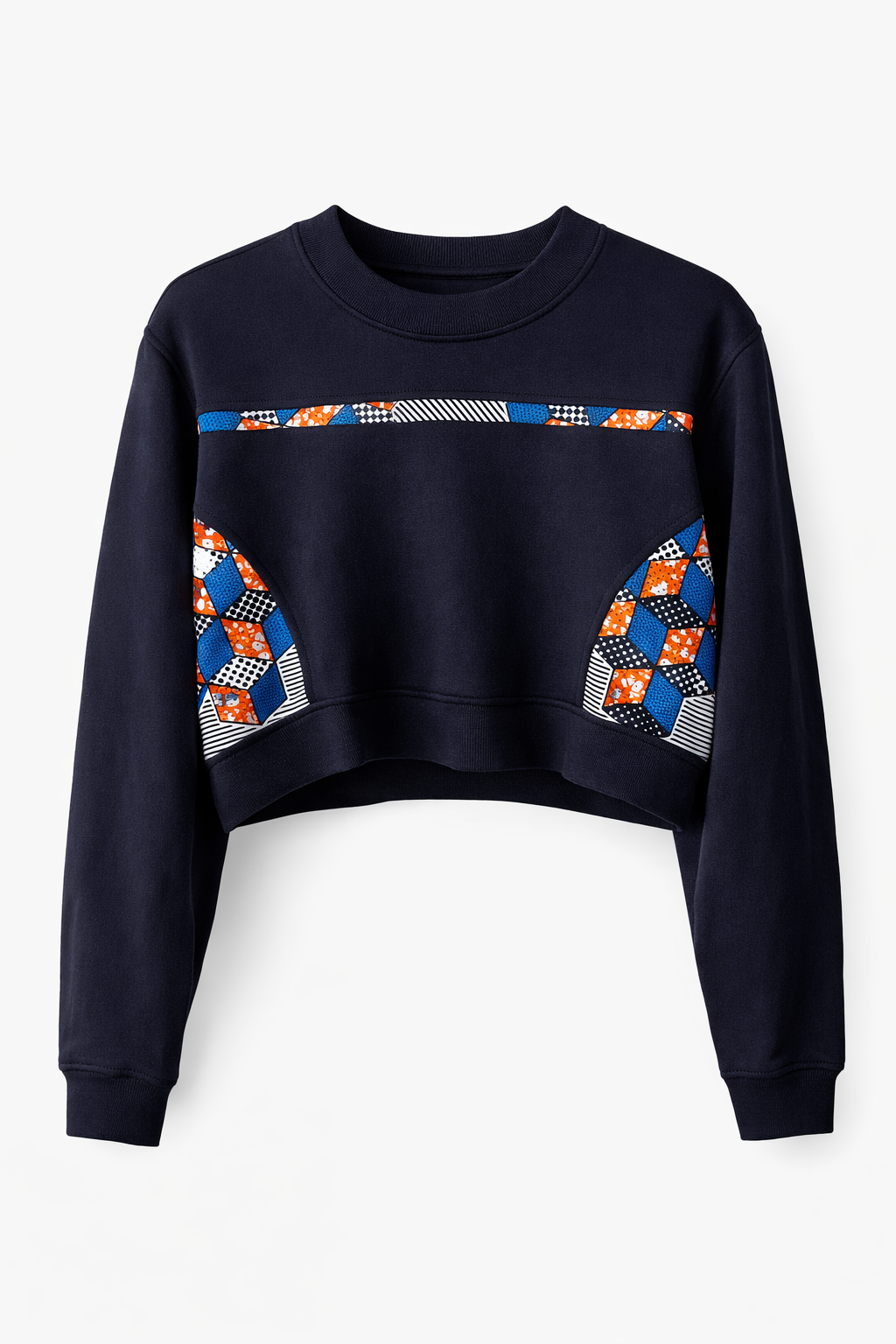 Navy blue sweatshirt with colorful geometric patterns on a white background