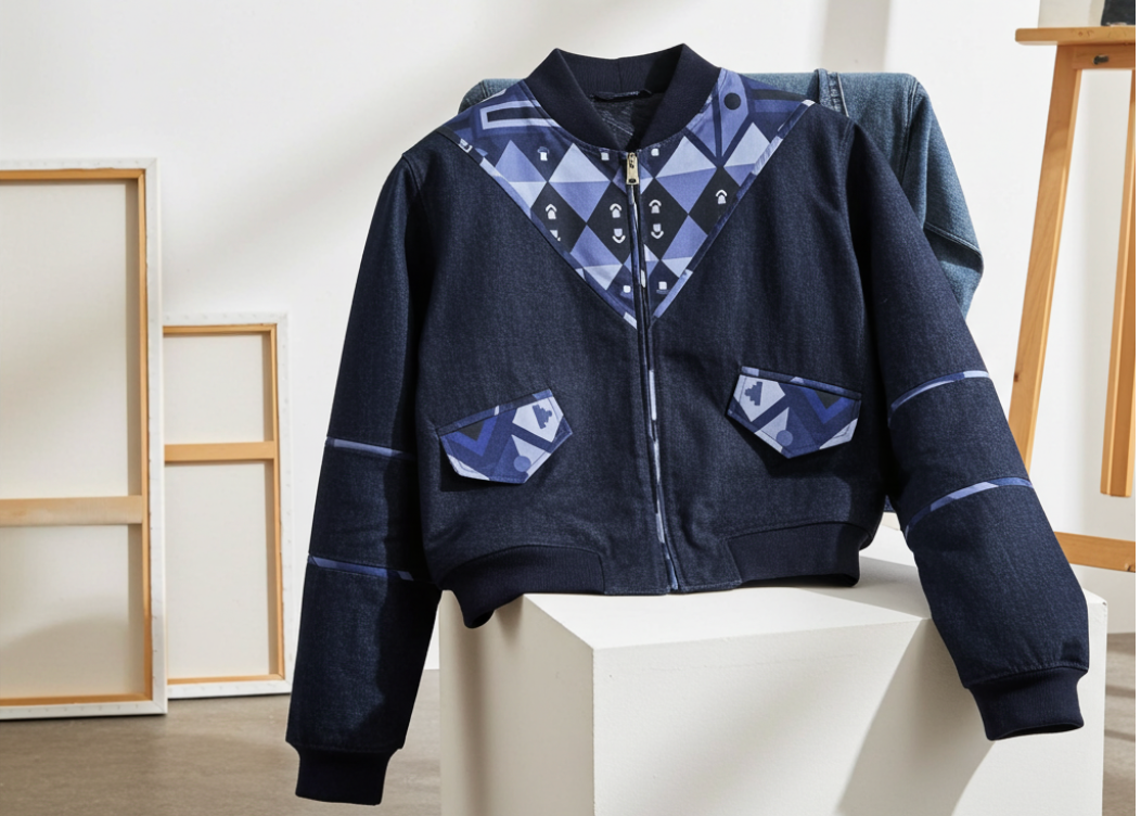 Blue jacket with geometric pattern on a white pedestal against a minimal background