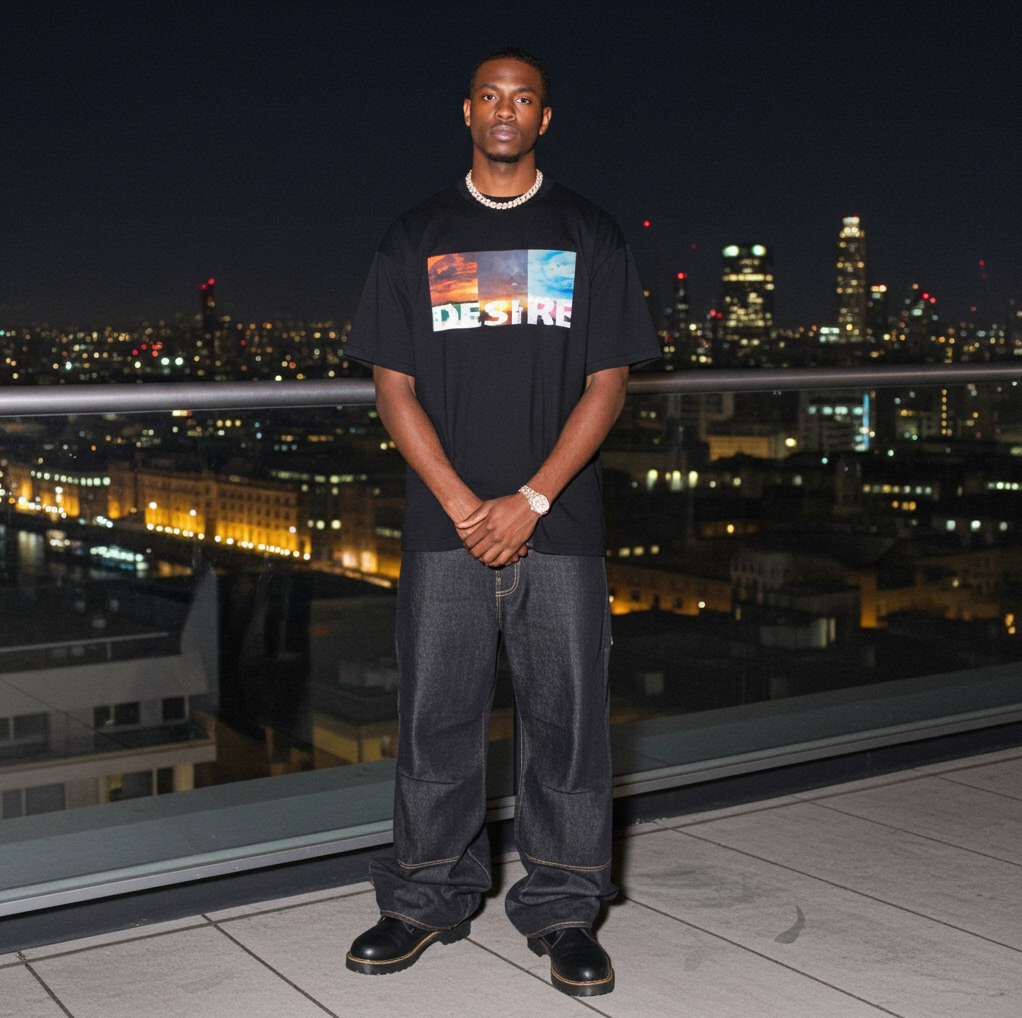 Person wearing a black t-shirt with 'DESIRES' text, standing on a rooftop at night with city lights in the background.