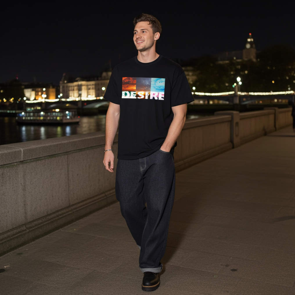 Man walking on a bridge at night with city lights in the background