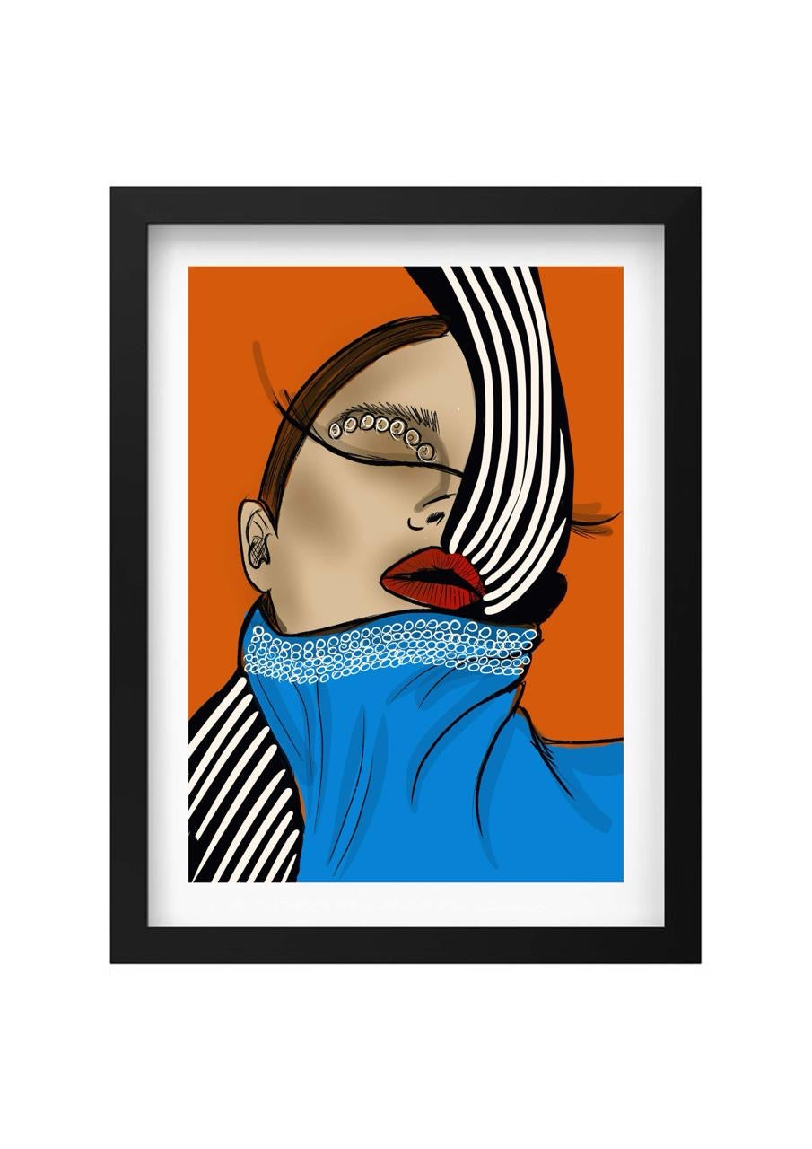 Artistic illustration of a person with a blue scarf and red lips on an orange background