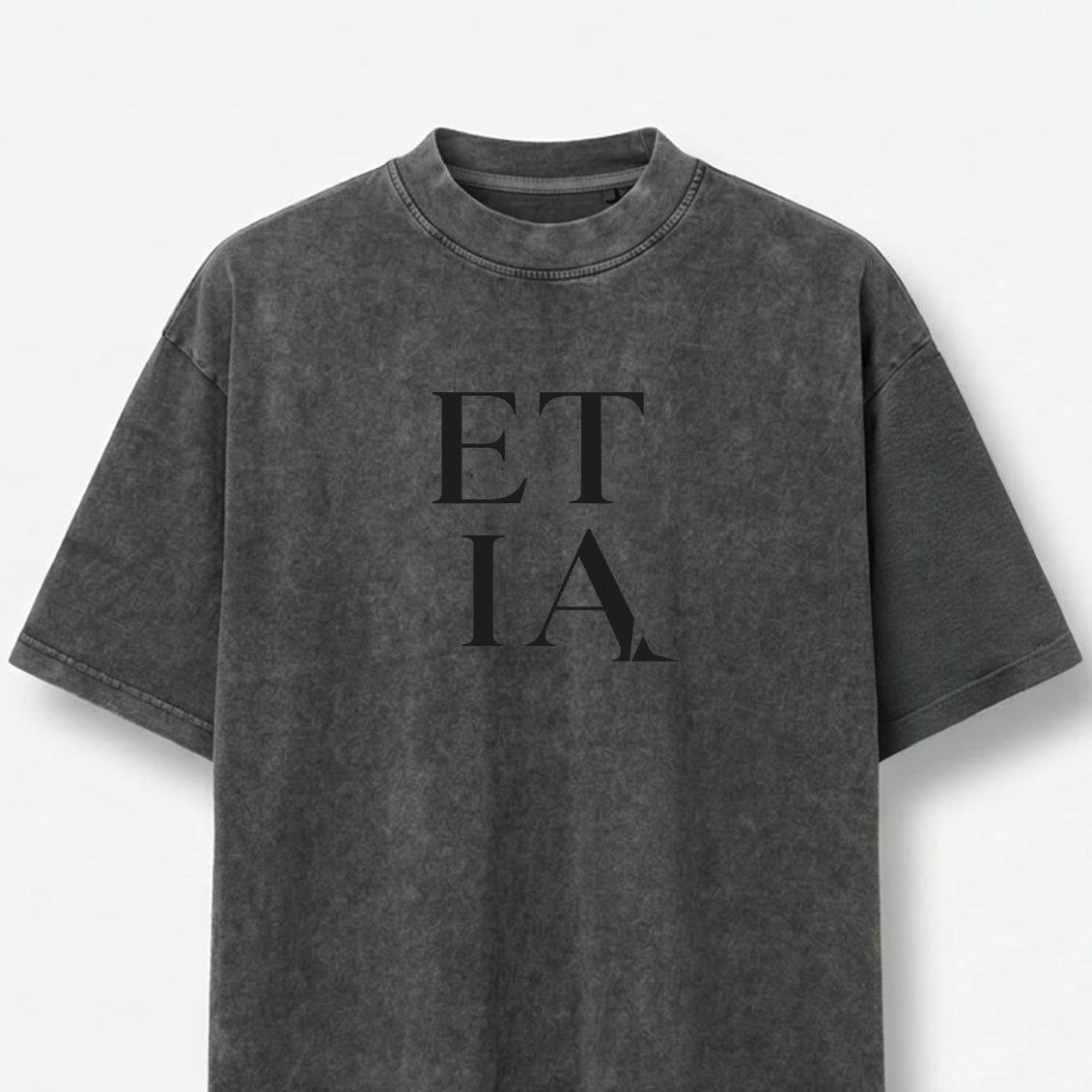 Gray t-shirt with 'ETIA' text on a white background