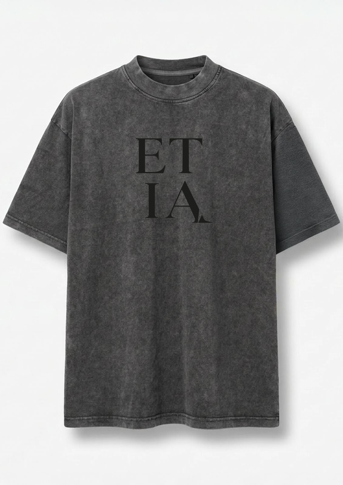 Gray t-shirt with 'ETIA' text on a white background