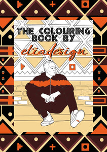 Cover of 'The Colouring Book by etica design' with geometric patterns and a person sitting on the floor.