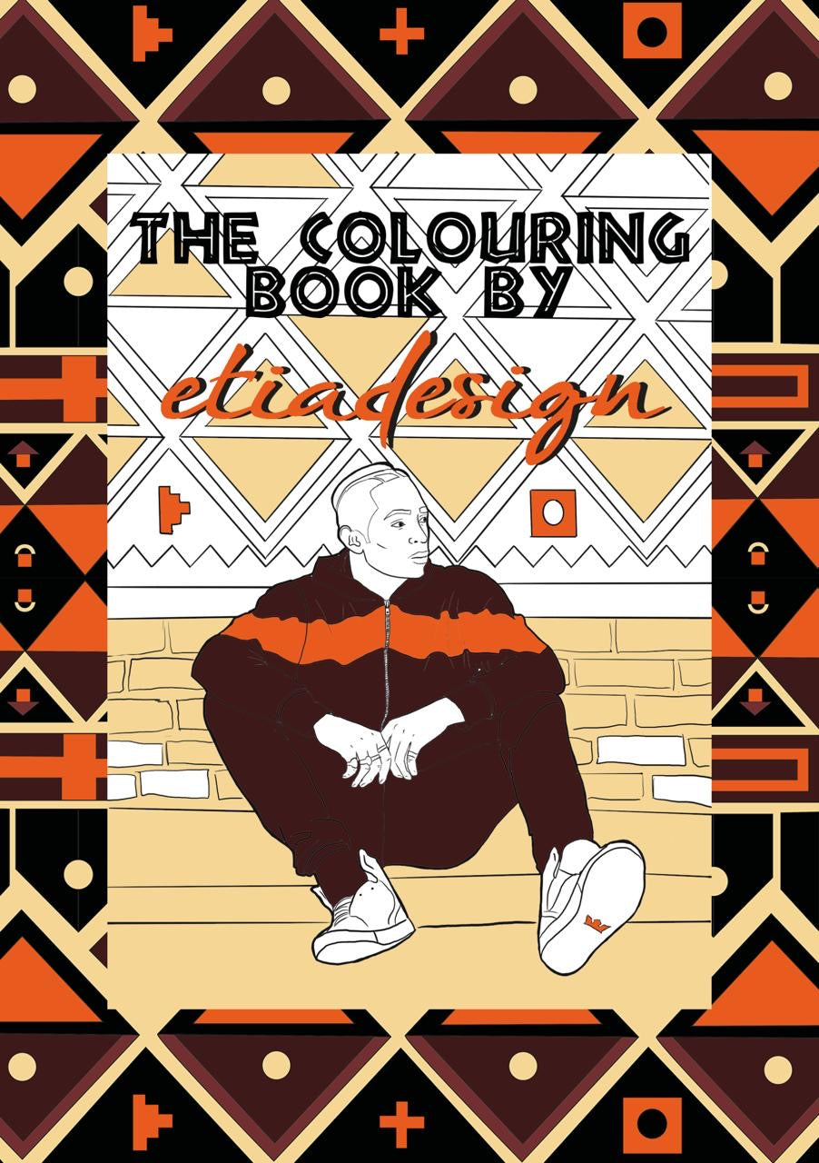 Cover of 'The Colouring Book by etica design' with geometric patterns and a person sitting on the floor.