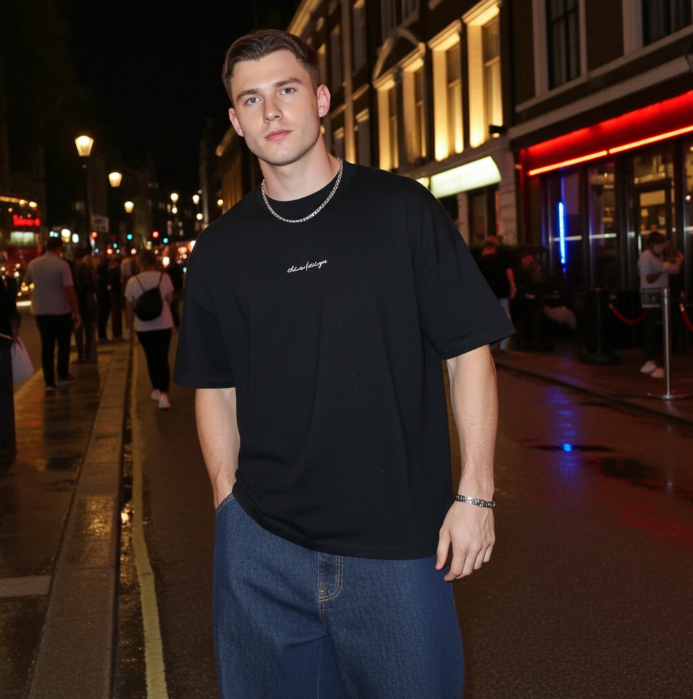 Man wearing a black t-shirt with text and blue jeans standing on a city street at night.
