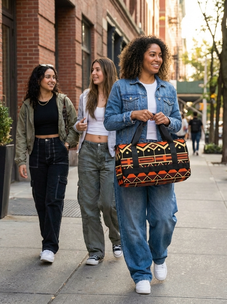 Three women walking on a sidewalk with one carrying a patterned bag.