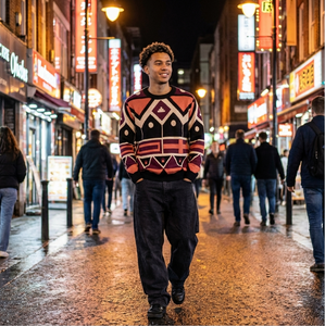 Man walking on a city street at night wearing a patterned sweater.