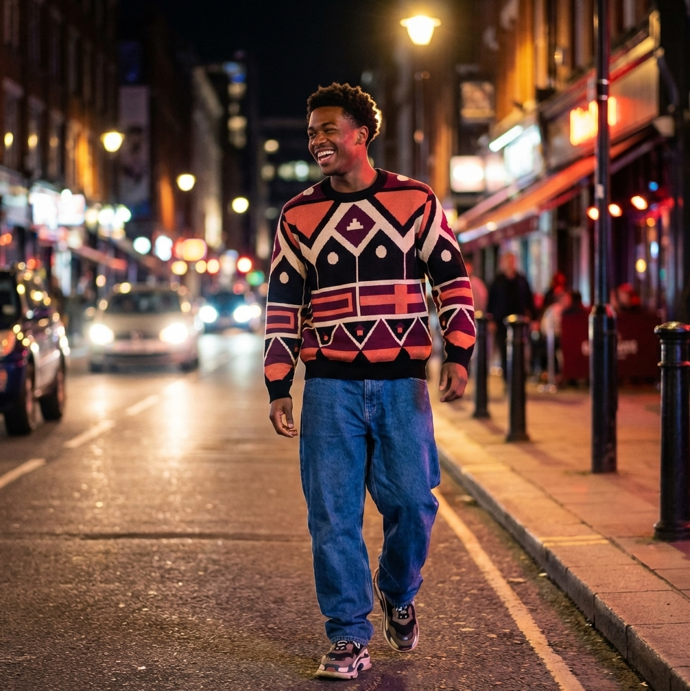 Man walking on a city street at night wearing a patterned sweater and blue jeans.