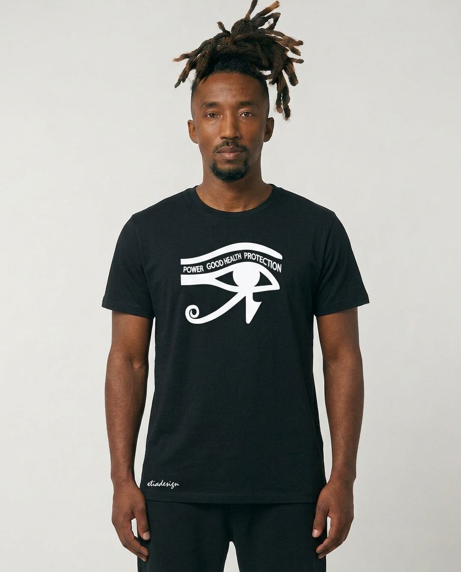 Man wearing a black t-shirt with a white symbol and text on a plain background