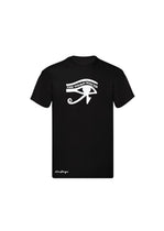 Black t-shirt with white graphic design on a white background