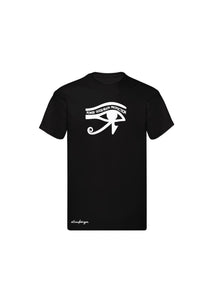 Black t-shirt with white graphic design on a white background