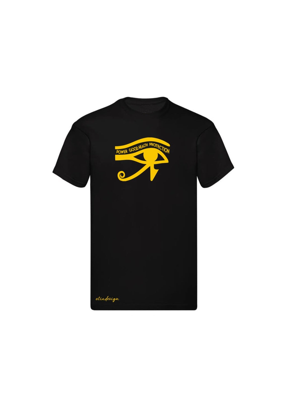 Black t-shirt with yellow graphic design on a white background