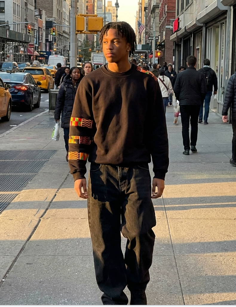 Person walking on a city street wearing a brown sweater with colorful patterns.