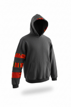 Gray hoodie with red and yellow pattern on sleeves against a white background