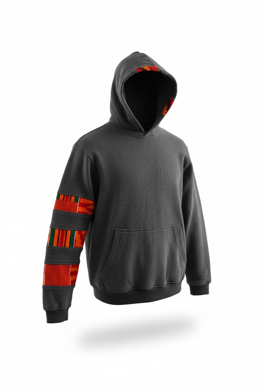 Gray hoodie with red and yellow pattern on sleeves against a white background