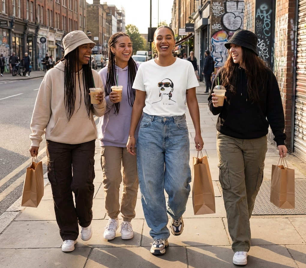 Four friends walking down a street, holding coffee cups and shopping bags.