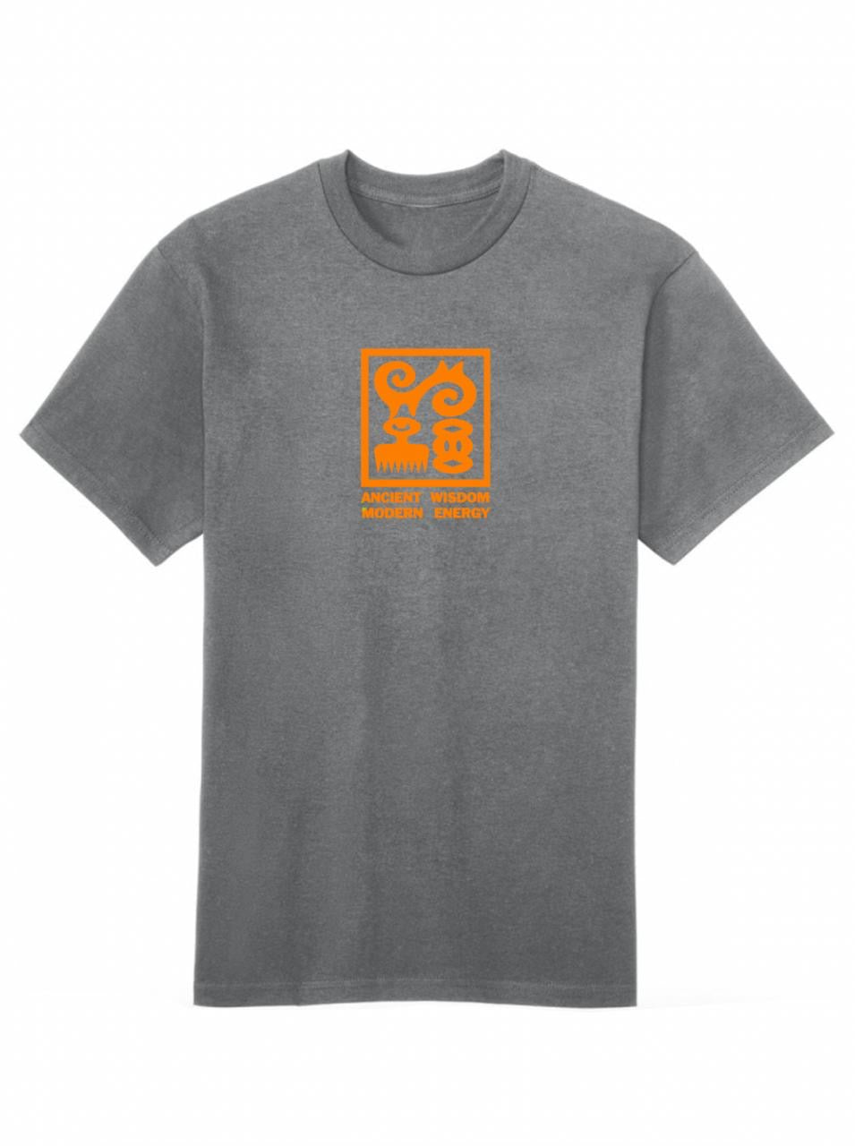 Gray t-shirt with orange graphic design on a grey background