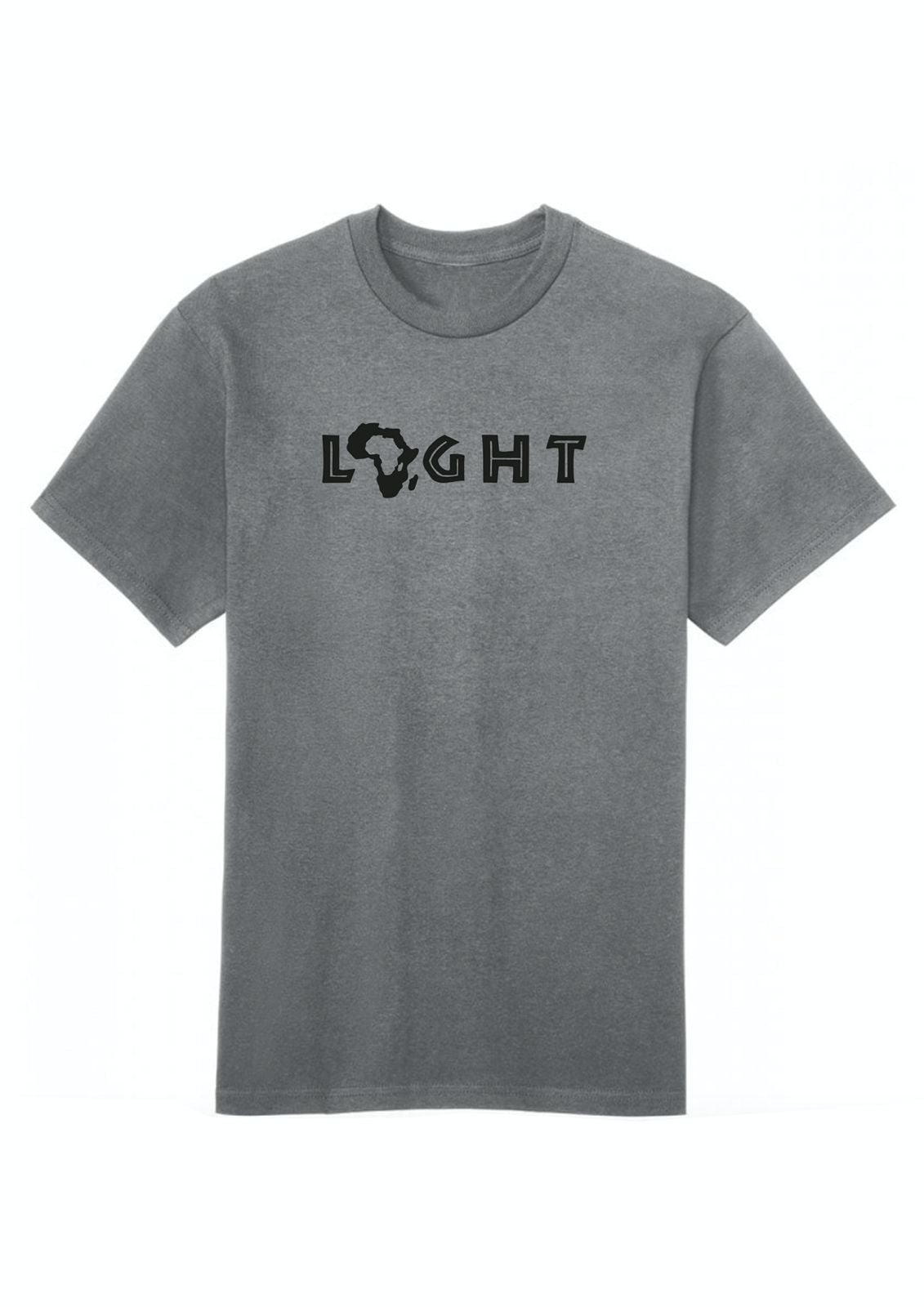 Gray t-shirt with 'LIGHT' and a graphic design on a white background