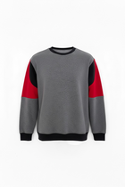 Gray sweater with red and black sleeves on a white background